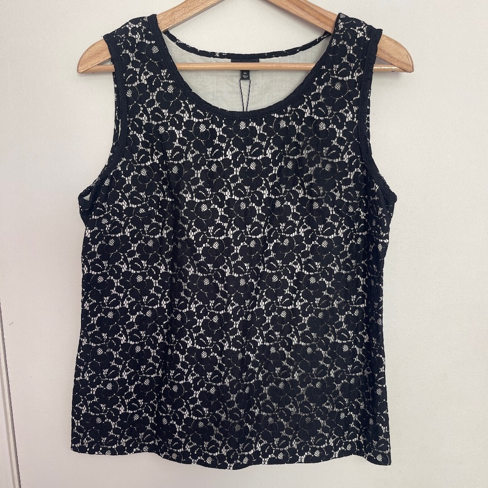 NWT Talbots Black and White Lined Eyelet Sleeveless Top / Blouse Size 14